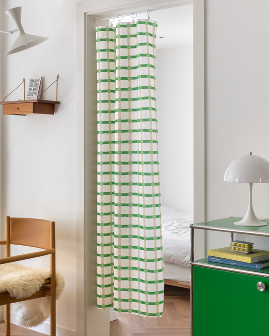 ドットチェック柄ドアカーテン - 淡いグリーンと白