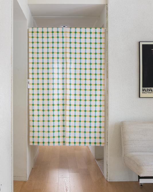 ドットチェック ハロー カーテン - グリーン×ベージュ