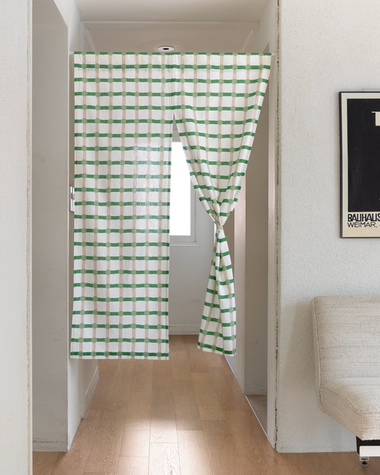 ドットチェック ハロー カーテン - 淡いグリーン×ホワイト