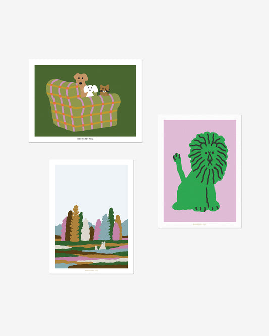 アームチェア犬&猫 - グリーンポストカード