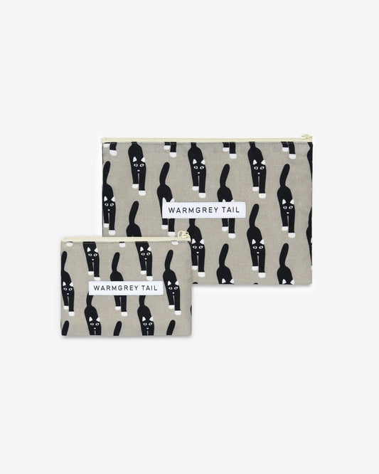 キャットカミングフラットポーチ - グレー (2サイズ)