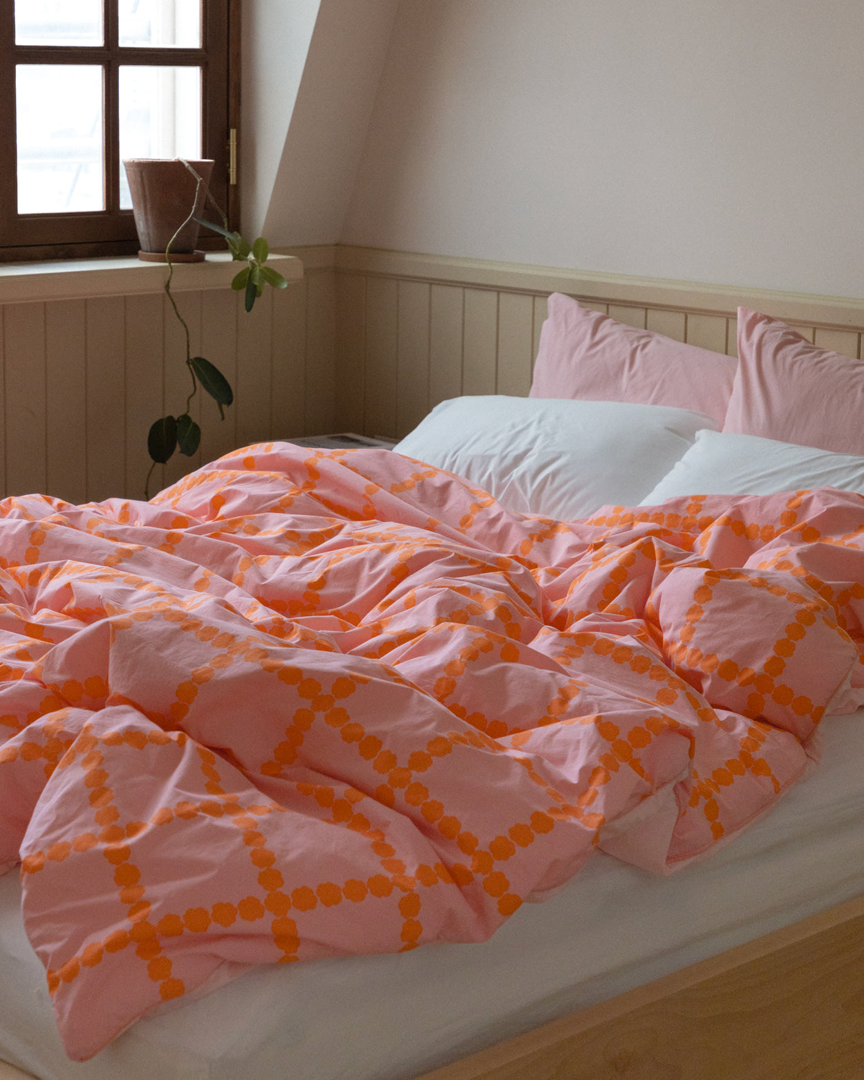 ブロッサムチェックコーラル掛け布団カバー