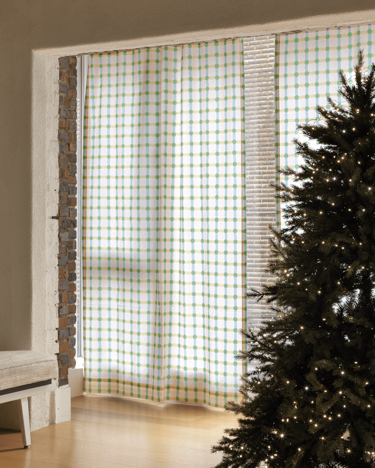ドットチェックカーテン - グリーン×ベージュ