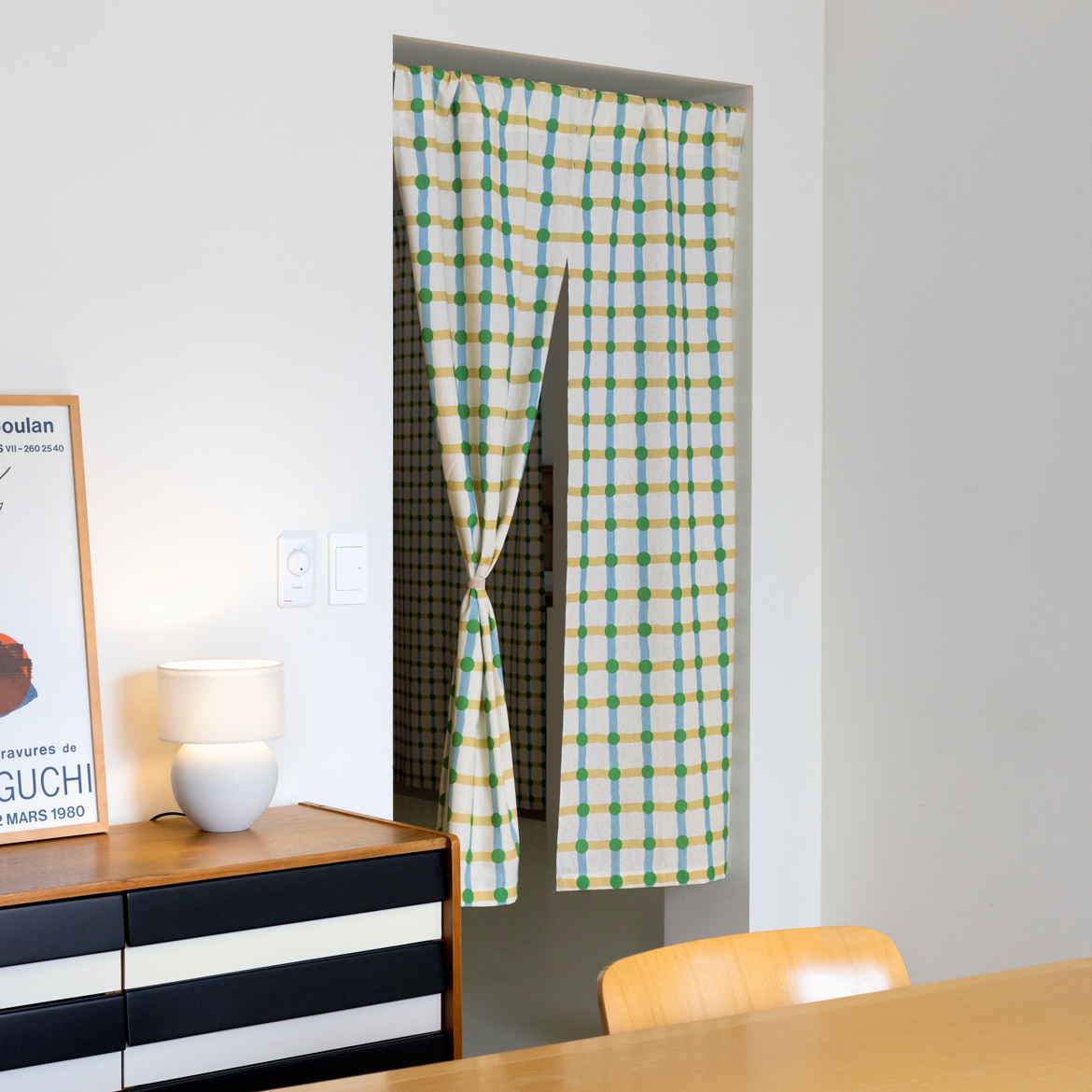 ドットチェック ハロー カーテン - グリーン×ベージュ