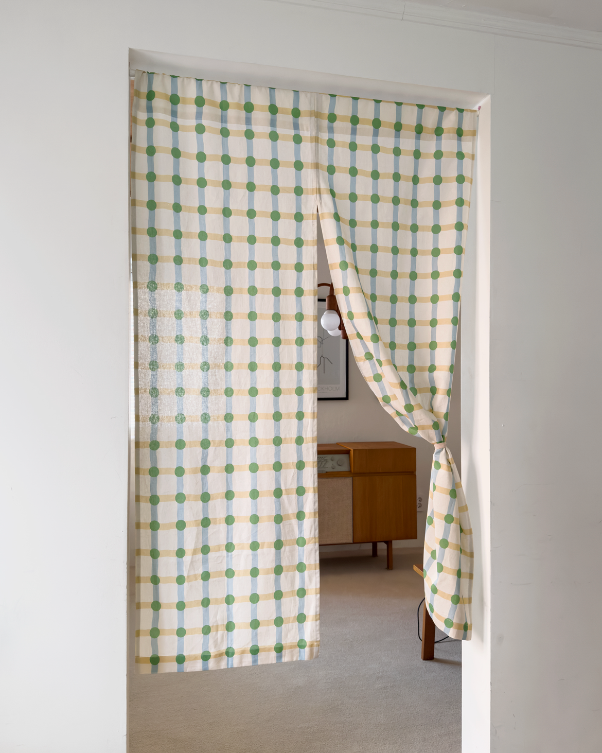 ドットチェック ハロー カーテン - グリーン×ベージュ