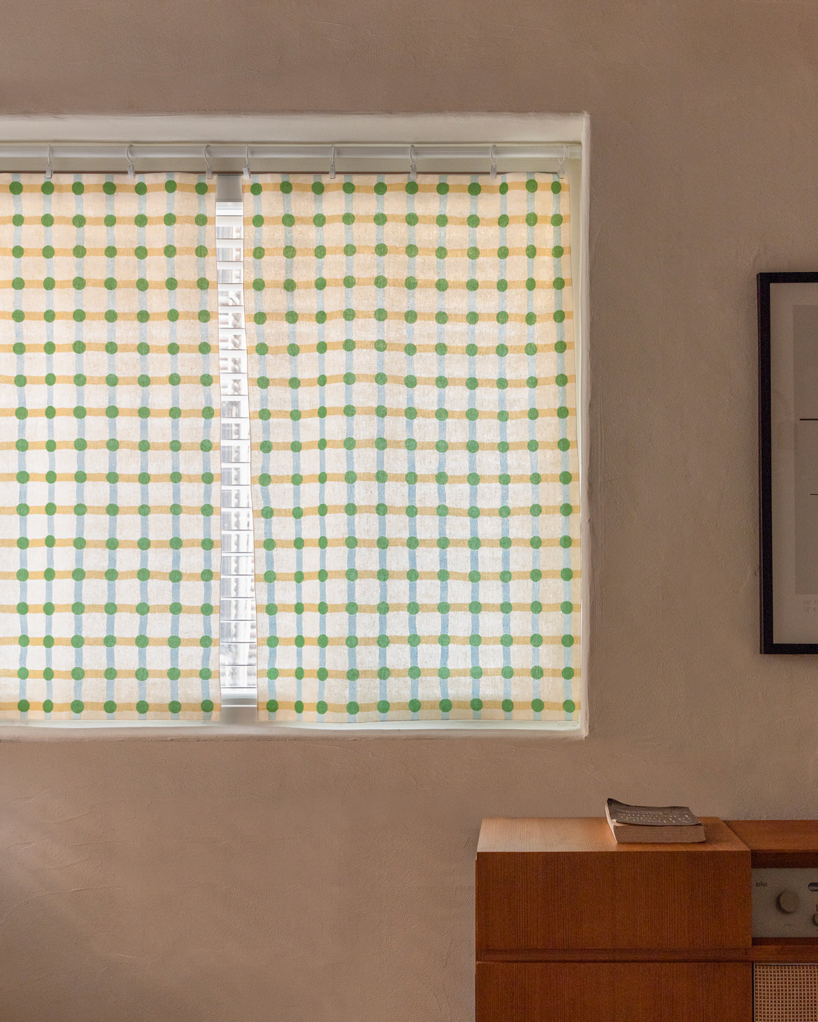 ドットチェック柄ウィンドウカーテン - グリーン×ベージュ