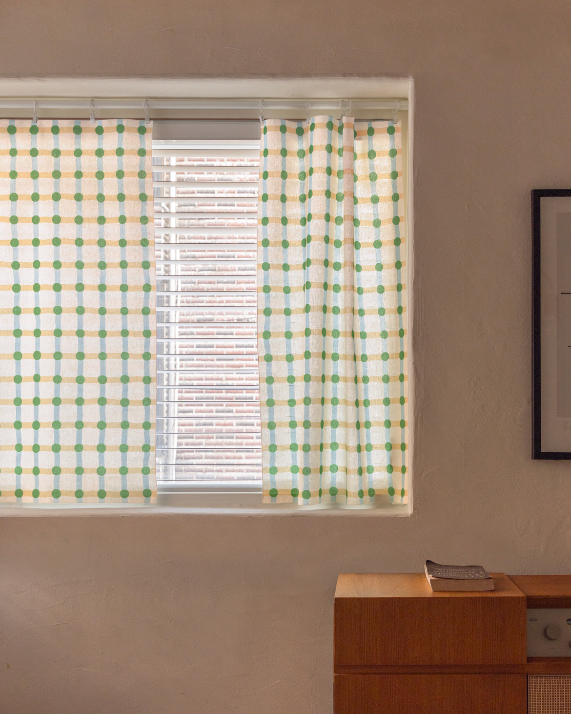 ドットチェック柄ウィンドウカーテン - グリーン×ベージュ