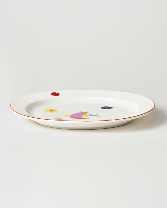 猫と花のオーバルプレート