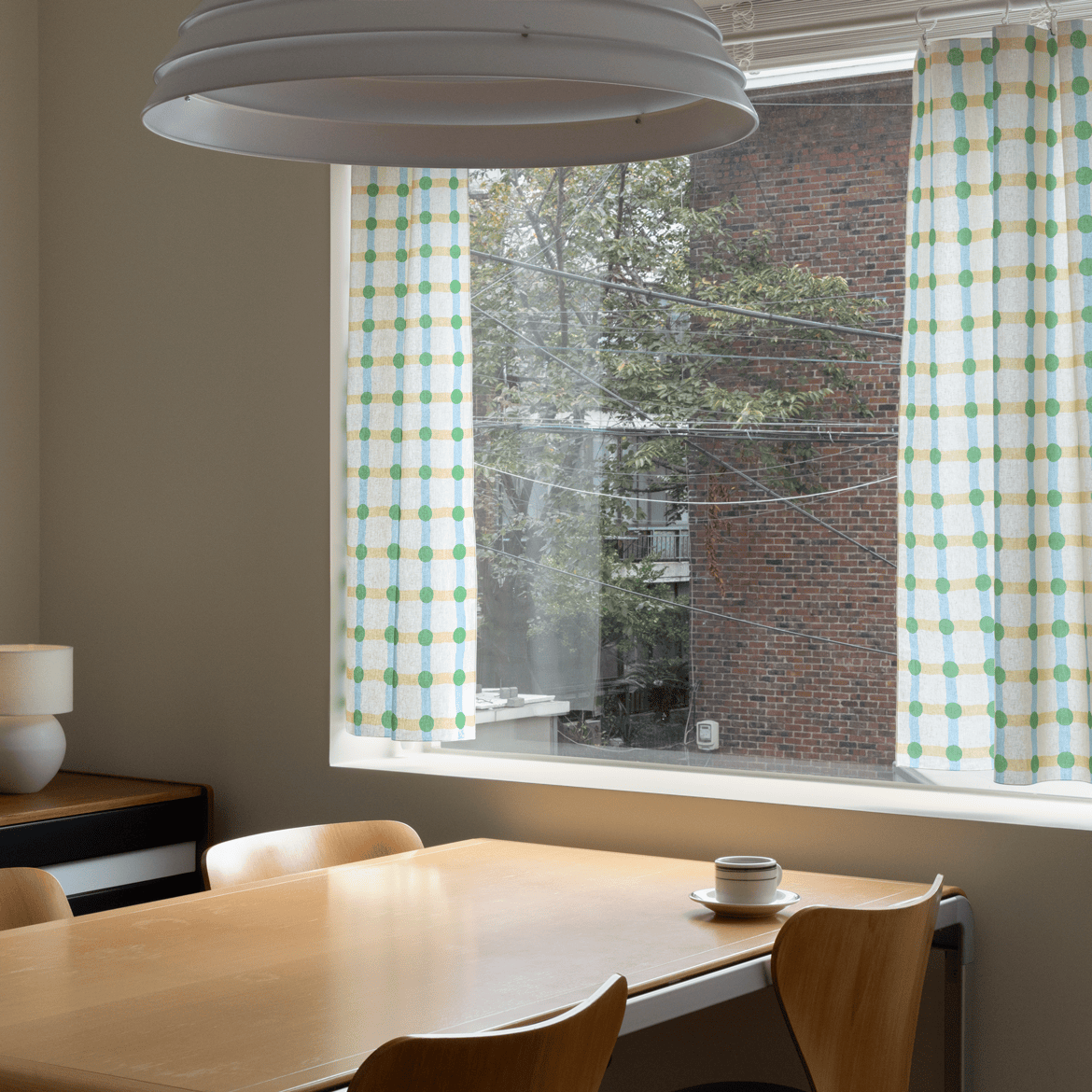 ドットチェック柄ウィンドウカーテン - グリーン×ベージュ