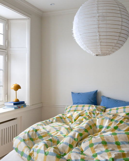 ドットチェックグリーンオンベージュピローケース（2サイズ）