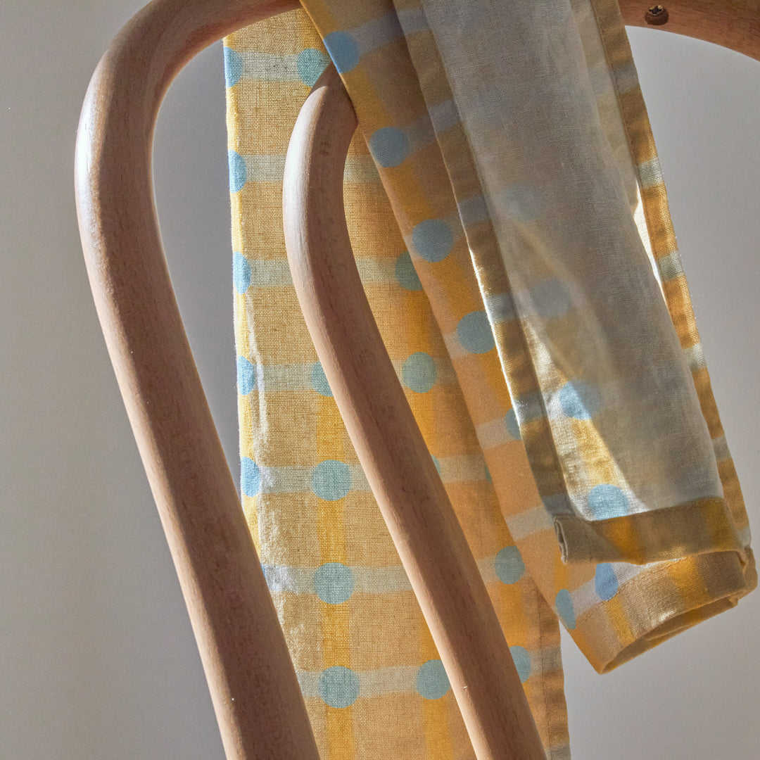 ドットチェックキッチンクロス - ブルーオンサンド