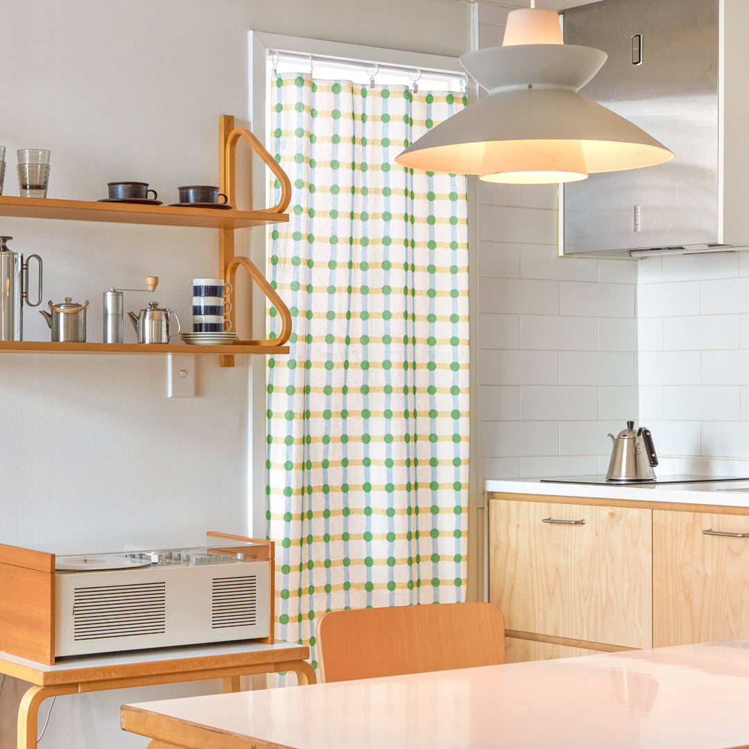 ドットチェック柄ドアカーテン - グリーン×ベージュ