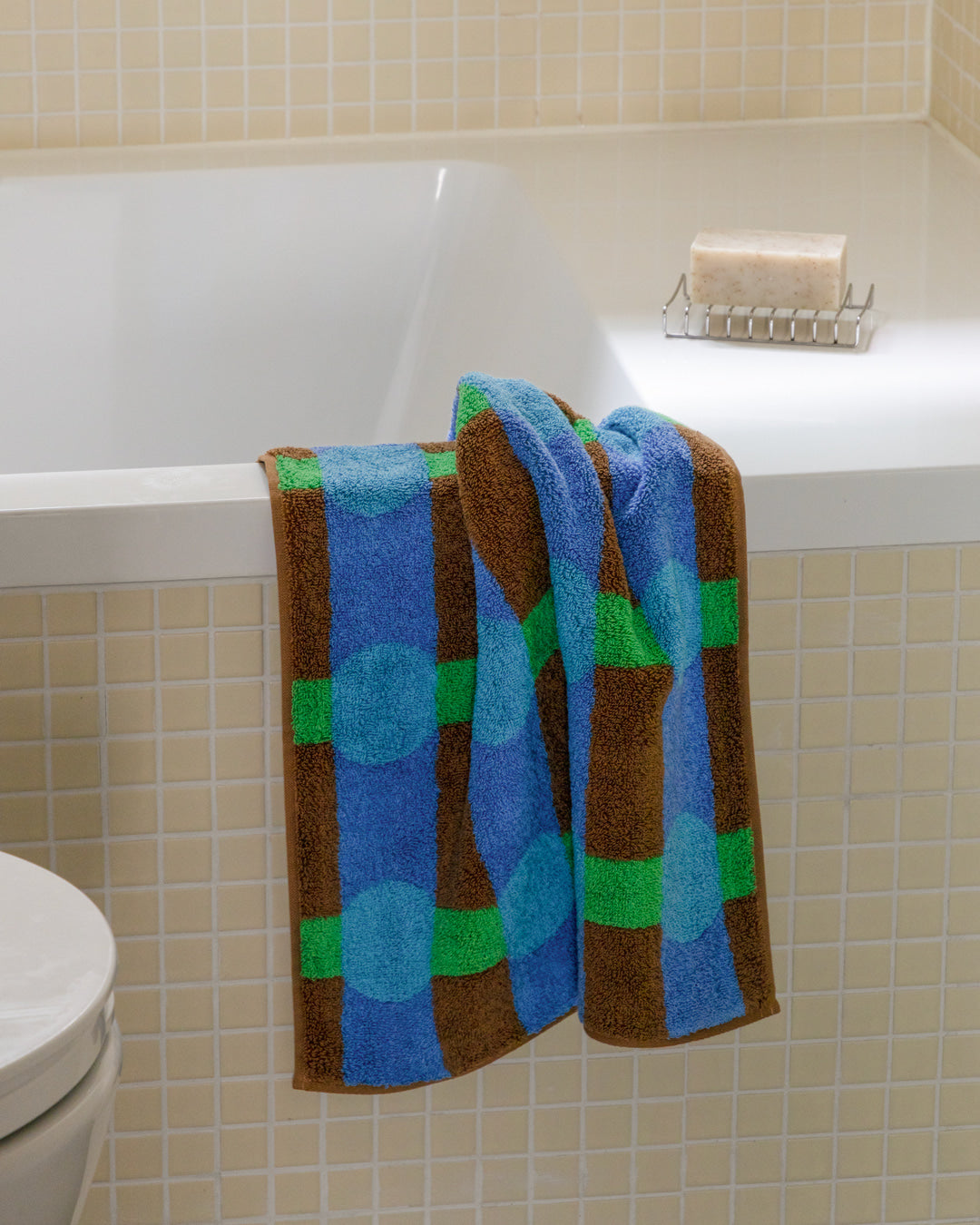 ドットチェック フェイスタオル - ブルー オン レンガ