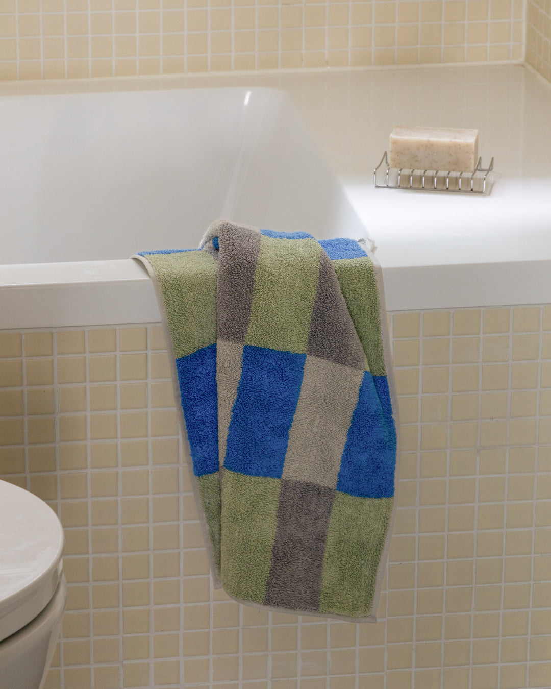 チェックフェイスタオル - カーキブルー