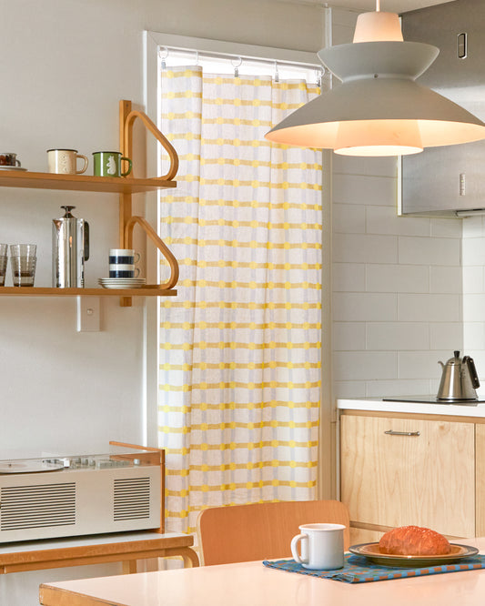 ドットチェック ドアカーテン - アイボリー地にレモン