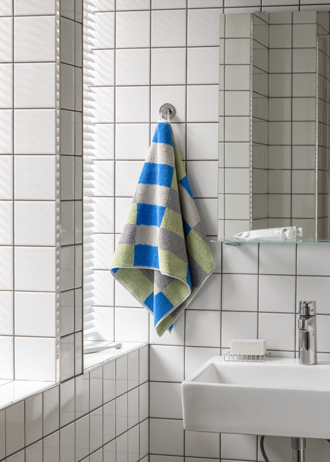 チェックフェイスタオル - カーキブルー