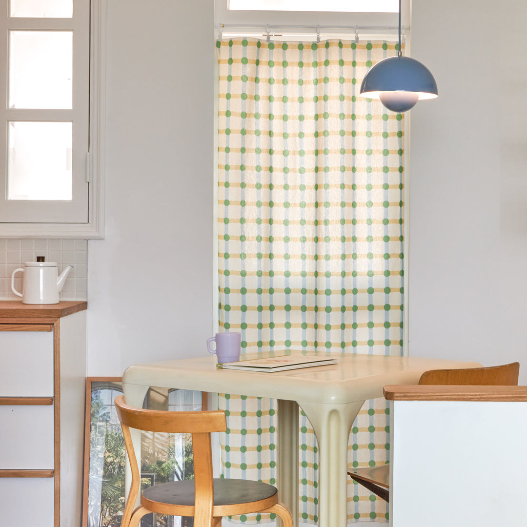 ドットチェック柄ドアカーテン - グリーン×ベージュ